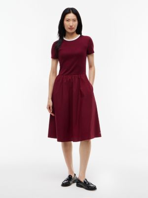 Mixed-Media T-Shirt Midi Dress, Burgundy