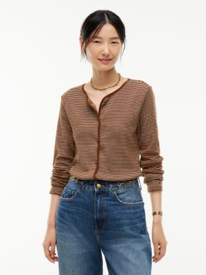 Striped Pointelle Cardigan T-Shirt, Heartwood Brown