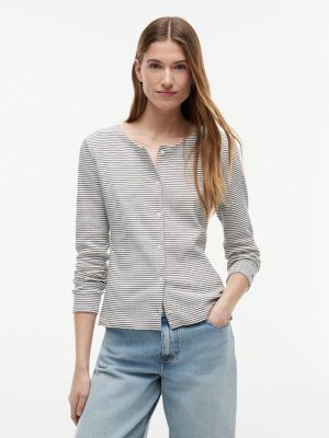 Striped Pointelle Cardigan T-Shirt, Ivory Silk