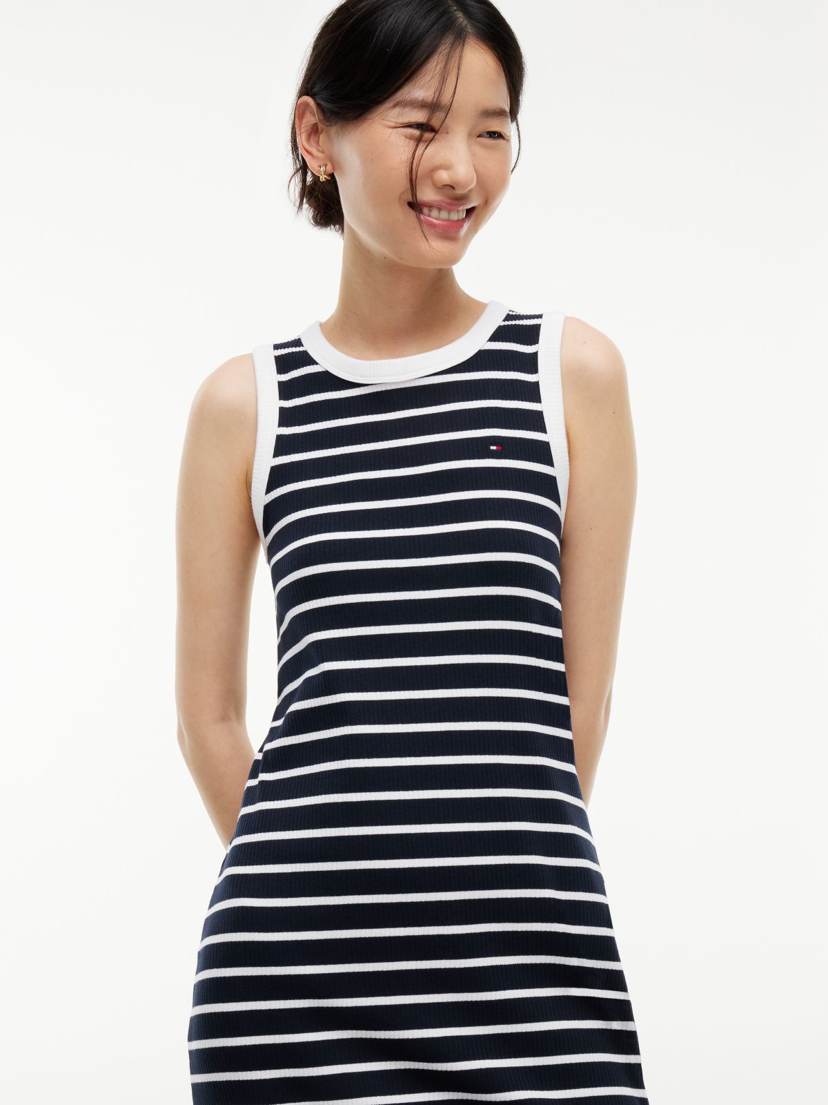 Striped Rib-Knit Tank Dress — Navy Blue
