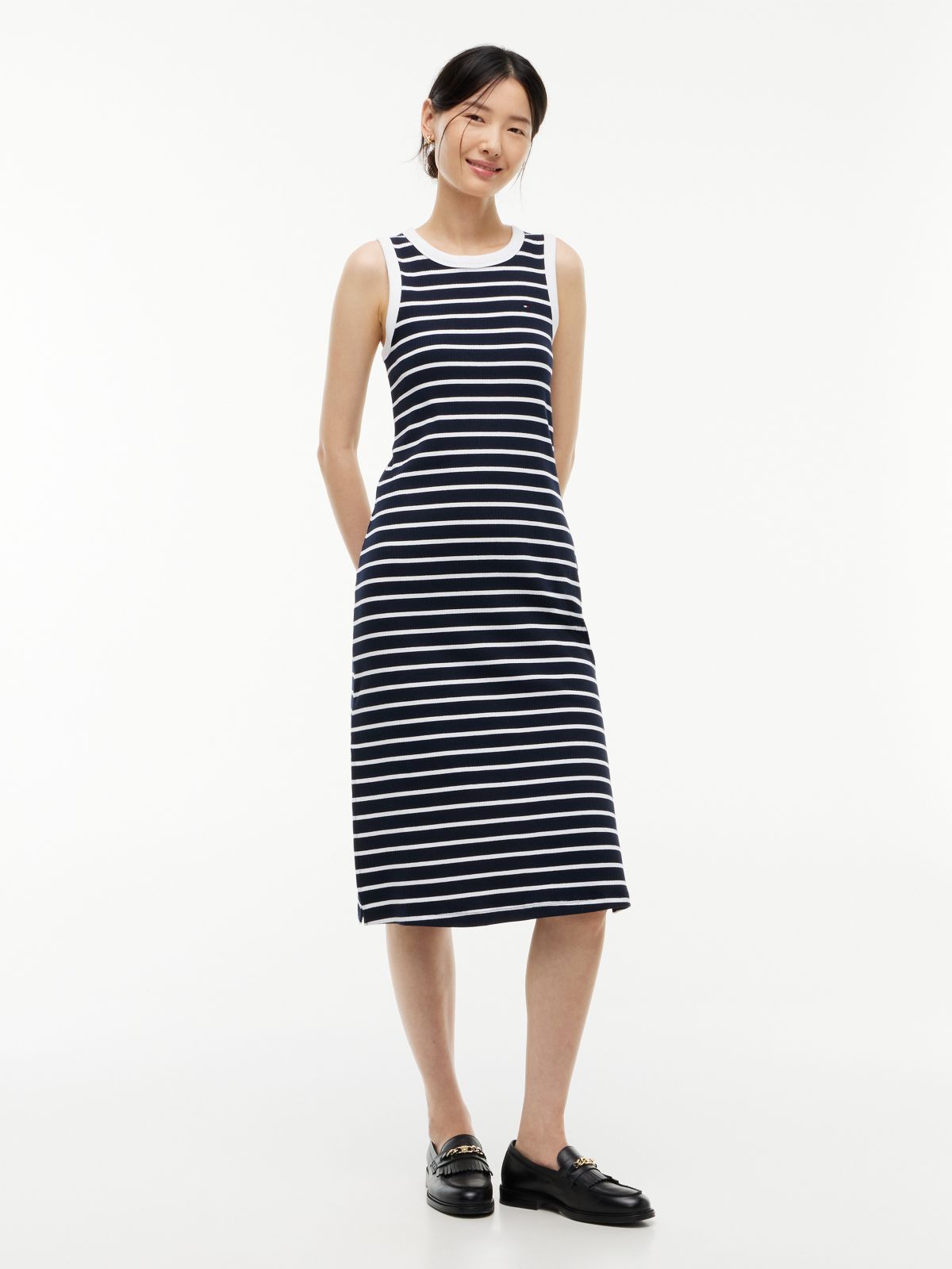 Striped Rib-Knit Tank Dress — Navy Blue