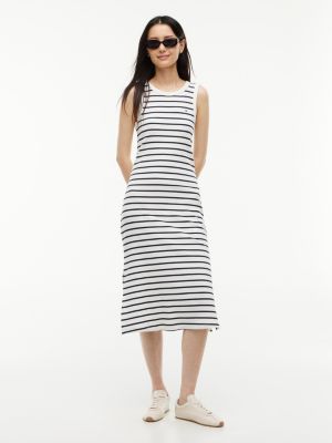 Striped Rib-Knit Tank Dress, Ecru