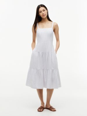 Striped Tiered Linen-Blend Midi Dress, Vessel Blue
