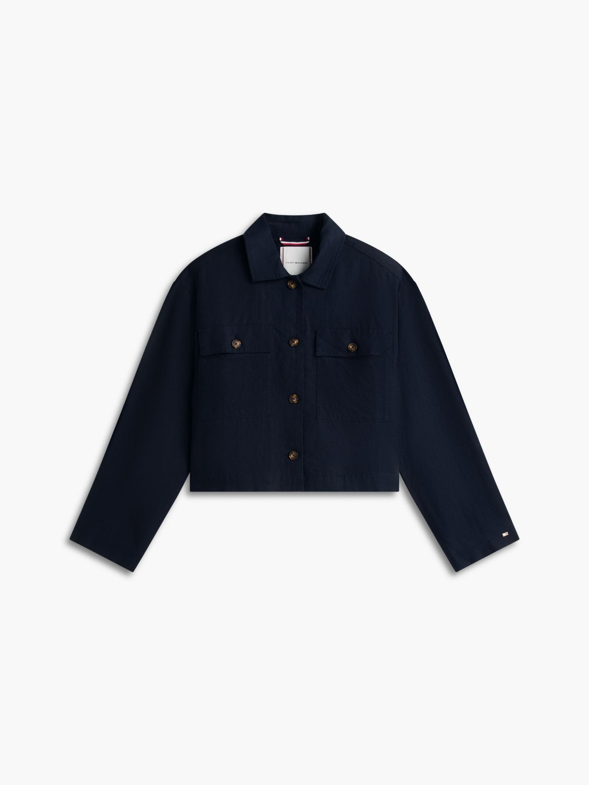 Linen-Blend Cropped Shirt Jacket — Navy Blue