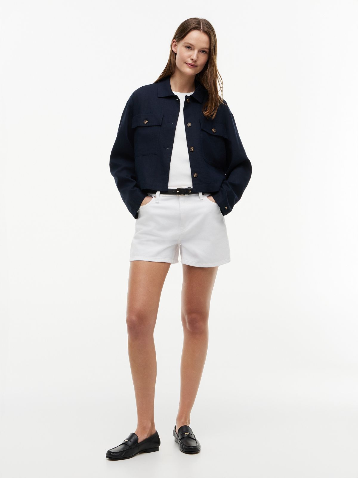 Linen-Blend Cropped Shirt Jacket — Navy Blue