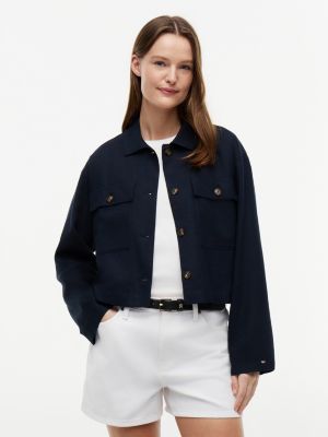 Linen-Blend Cropped Shirt Jacket, Navy Blue