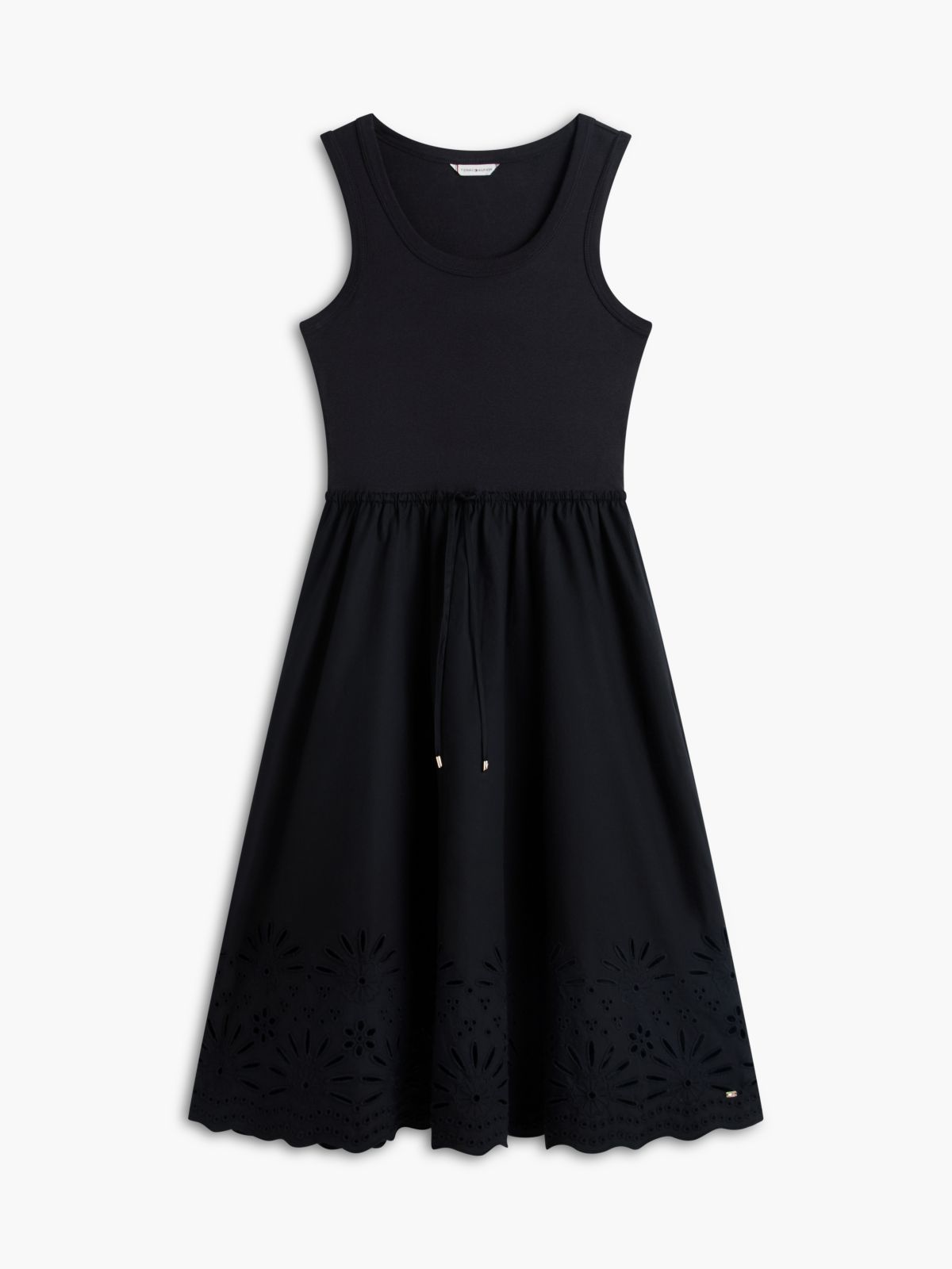 Embroidered Eyelet Mixed-Media Dress — Black
