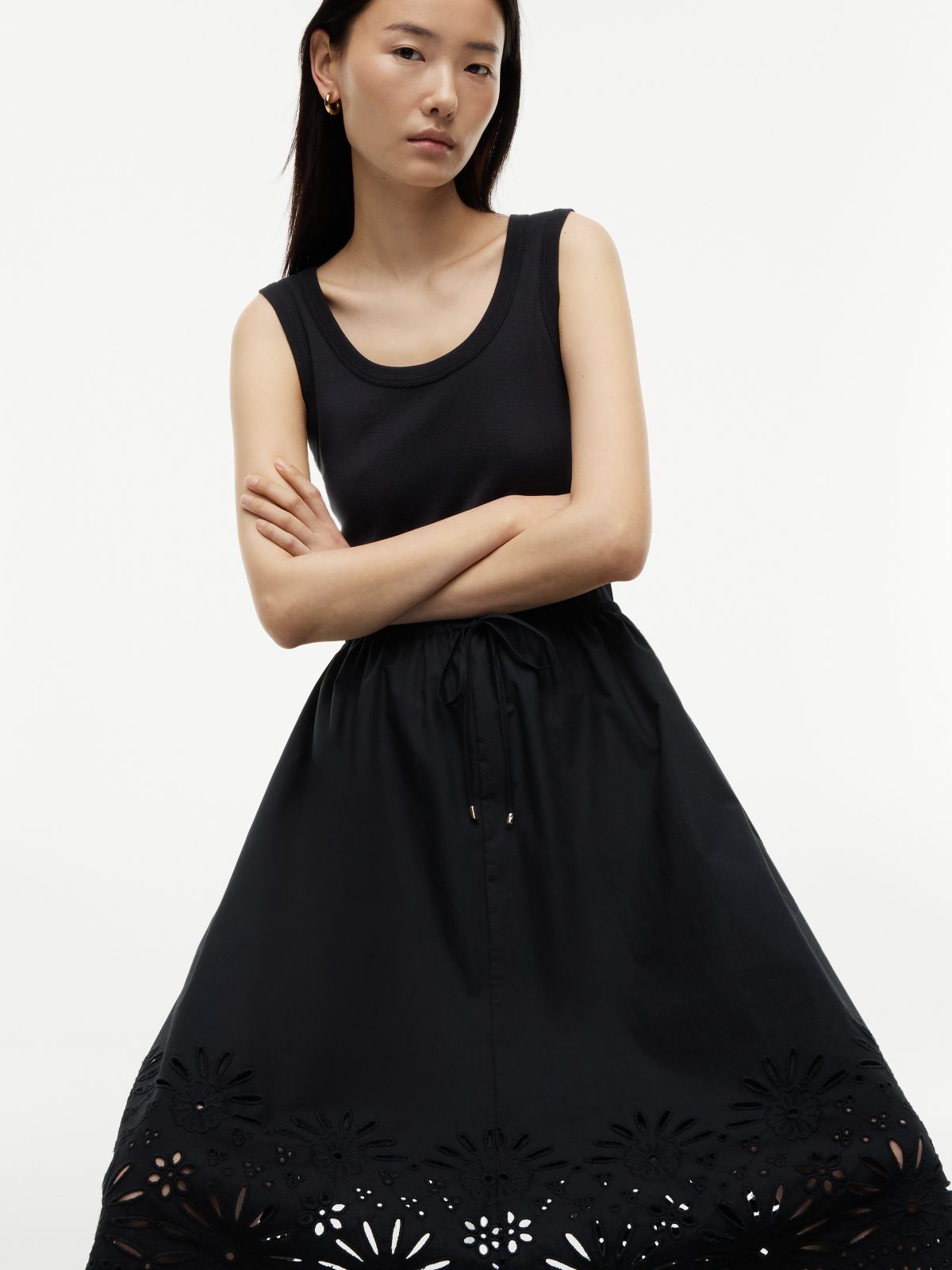 Embroidered Eyelet Mixed-Media Dress — Black