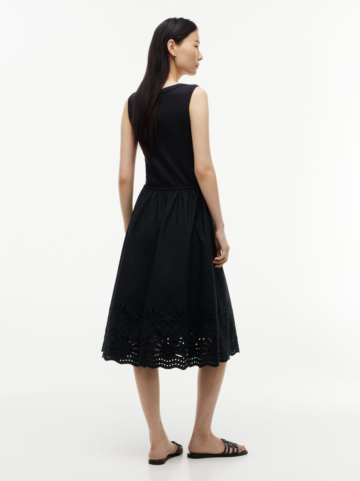 Embroidered Eyelet Mixed-Media Dress — Black