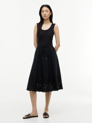 Embroidered Eyelet Mixed-Media Dress, Black