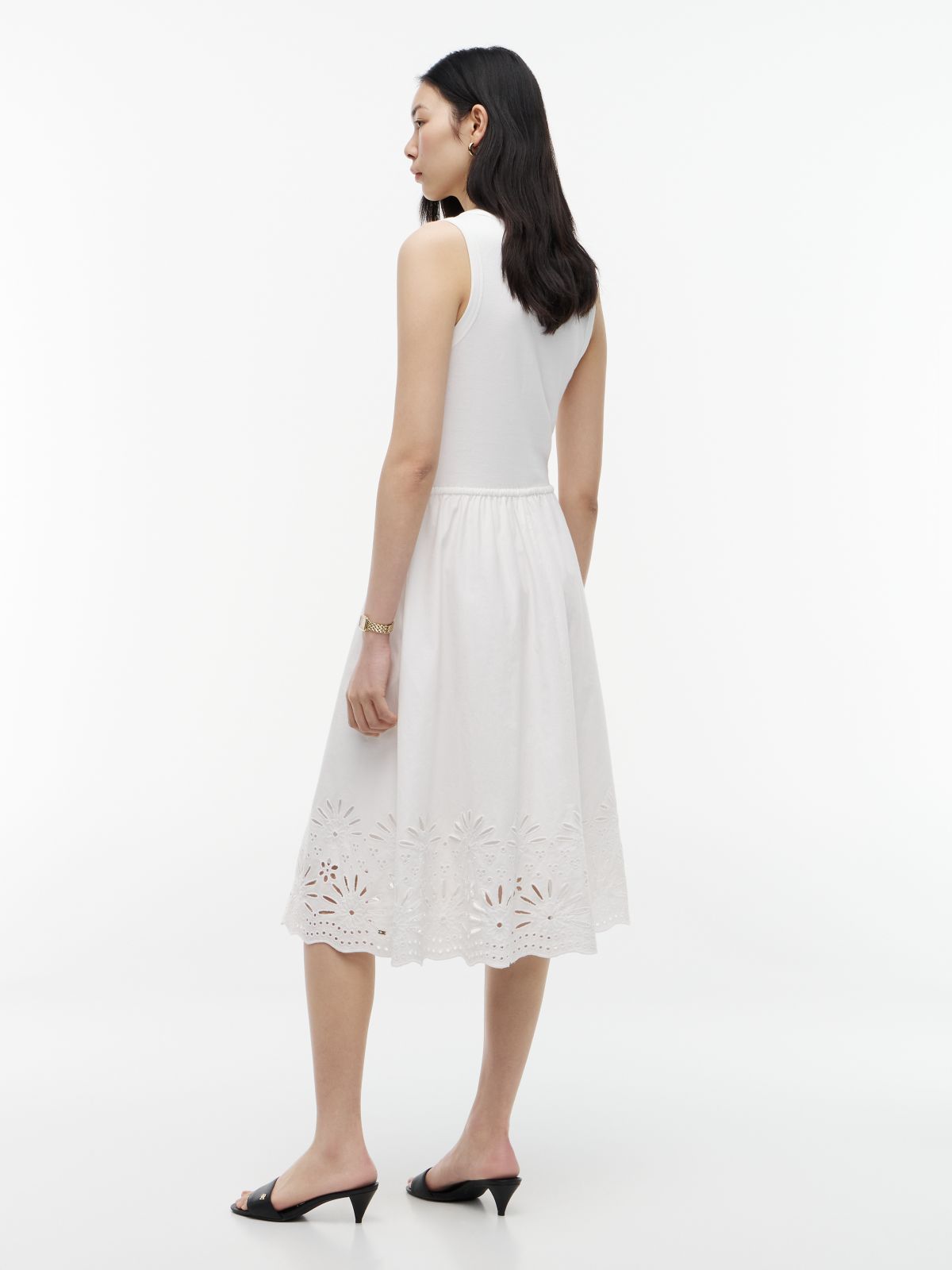 Embroidered Eyelet Mixed-Media Dress — Optic White