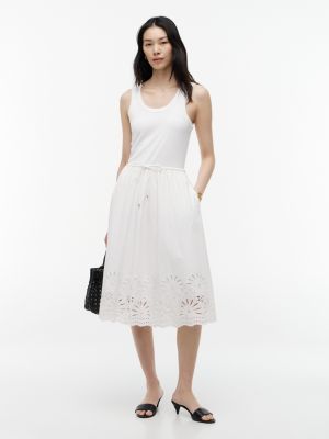 Embroidered Eyelet Mixed-Media Dress, Optic White