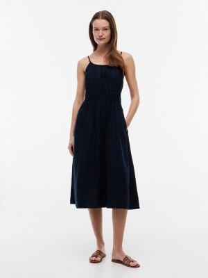 Shirred Linen-Blend Midi Dress, Navy Blue