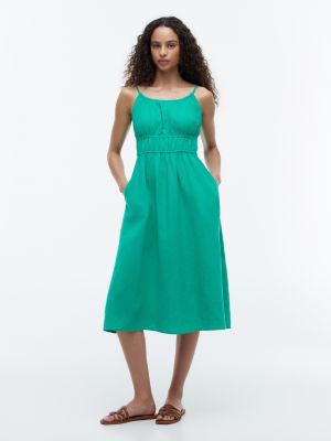 Shirred Linen-Blend Midi Dress, Cosmic Green