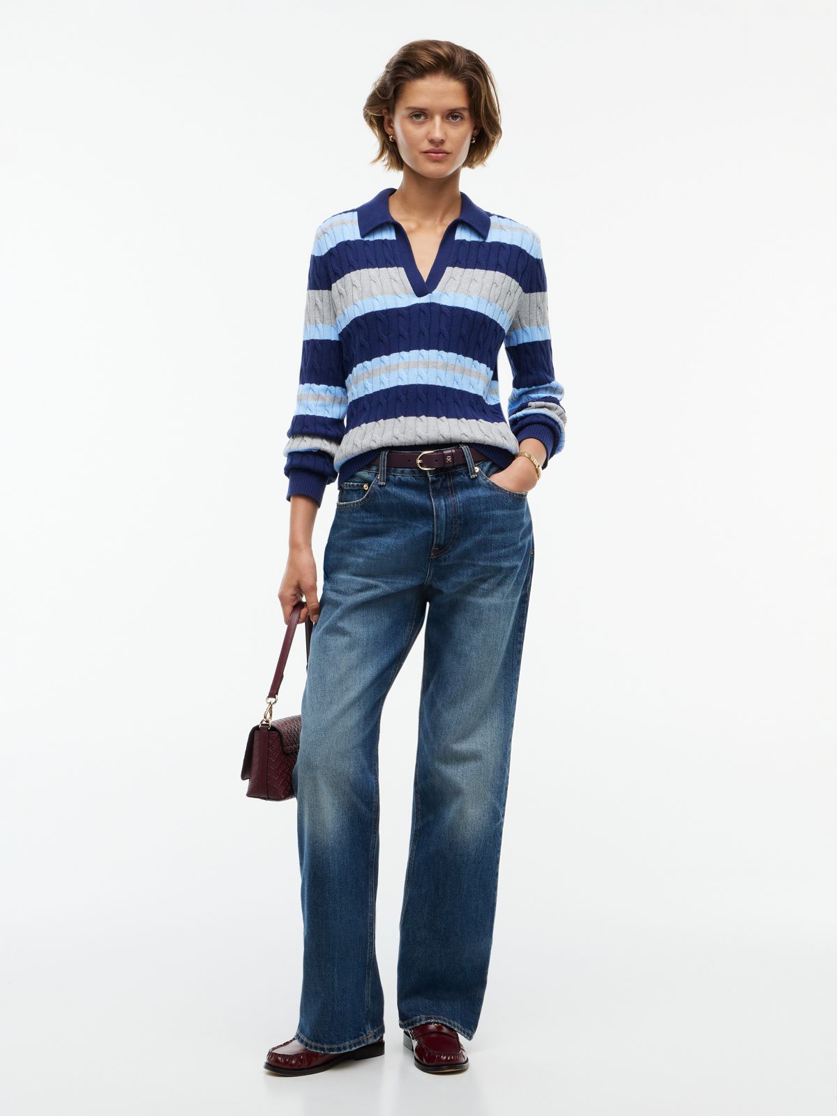 Striped Cable Knit Sweater Polo — Preppy Navy