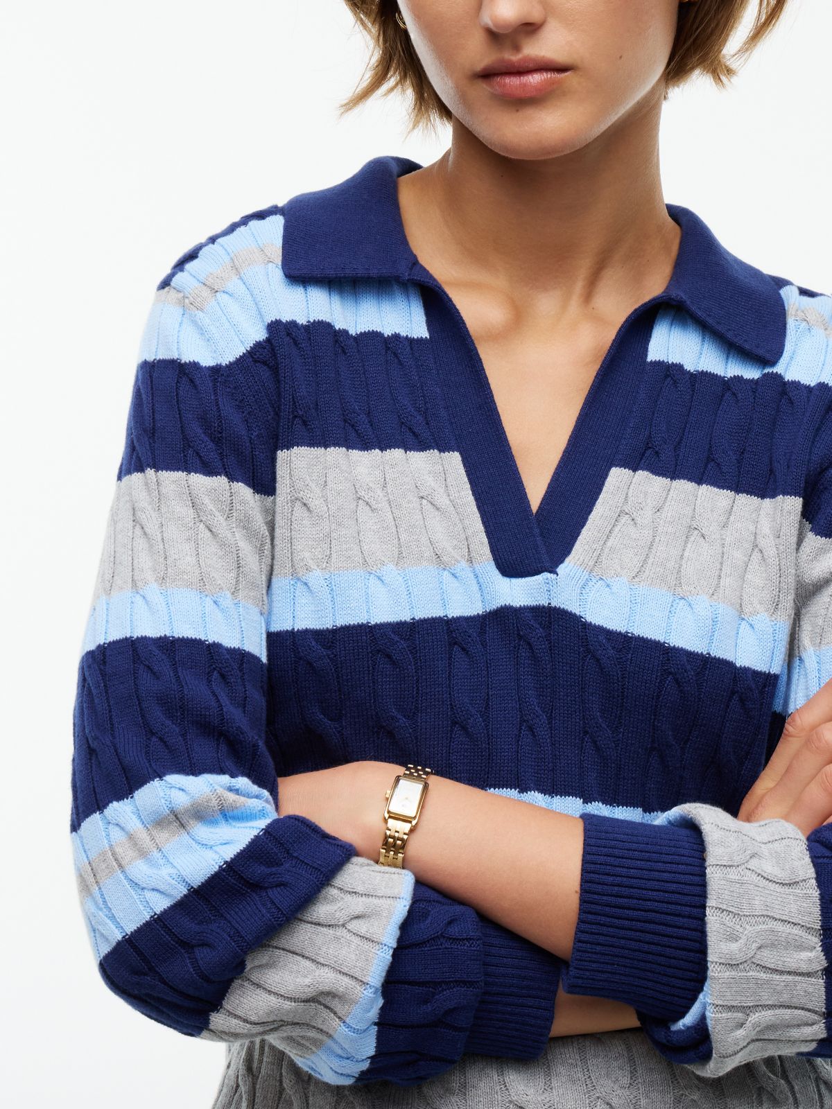 Striped Cable Knit Sweater Polo — Preppy Navy