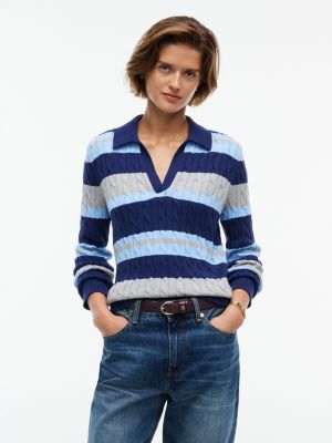 Striped Cable Knit Sweater Polo, Preppy Navy