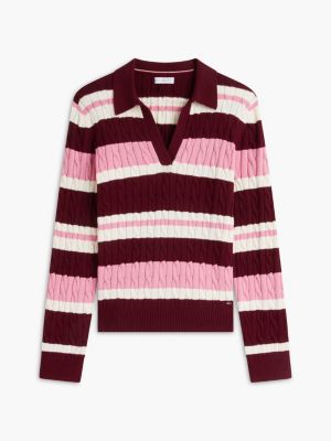 Женские рубашки Tommy Hilfiger Striped Cable Knit Sweater Polo, цвет: Бордовый — фото 5