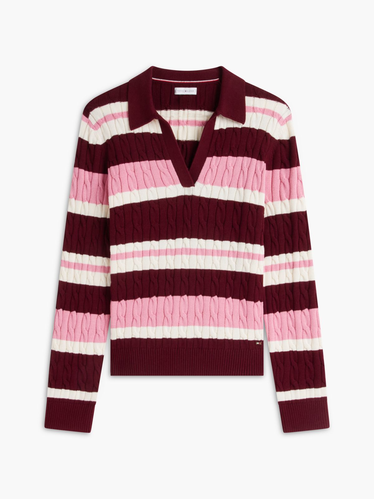Striped Cable Knit Sweater Polo — Burgundy