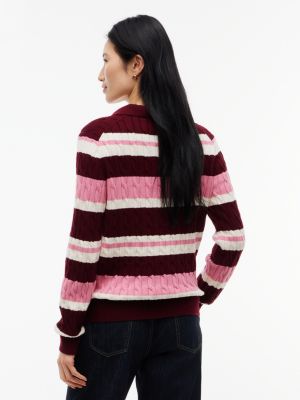 Женские рубашки Tommy Hilfiger Striped Cable Knit Sweater Polo, цвет: Бордовый — фото 4