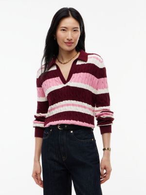 Striped Cable Knit Sweater Polo, Burgundy