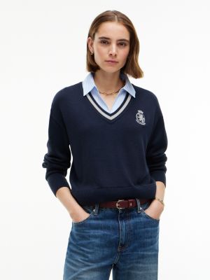 Layered-Look Crest Logo Sweater, Navy Blue