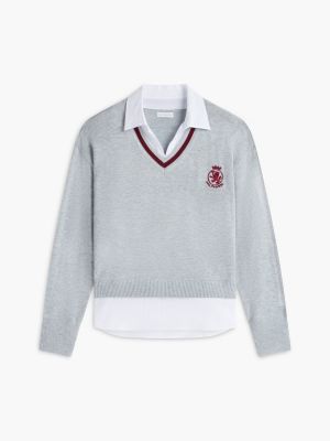 Женский свитер Tommy Hilfiger Layered-Look Crest Logo, цвет: Серый меланжевый — фото 5