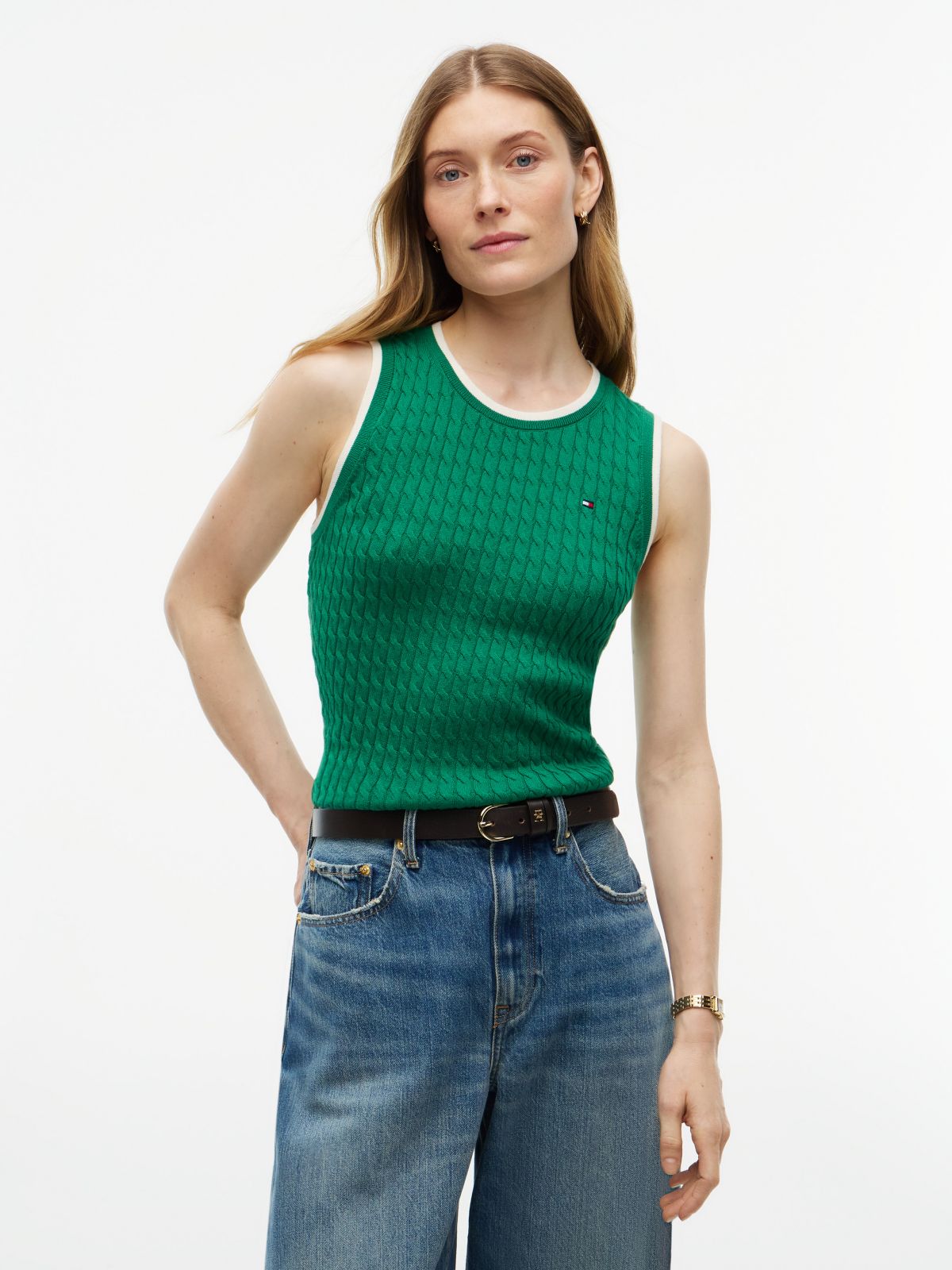 Tipped Cable Knit Sweater Vest — Nouveau Green