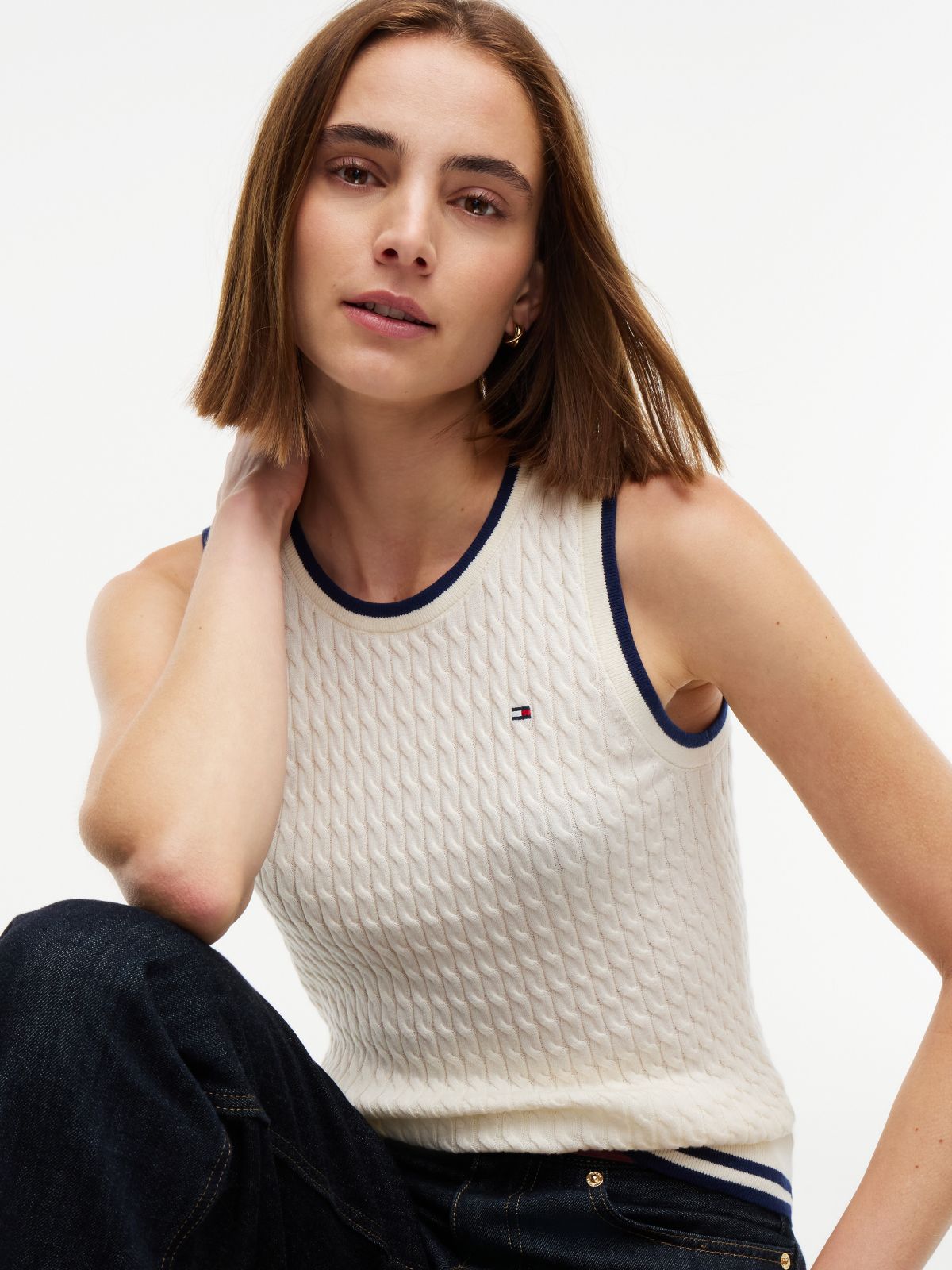 Tipped Cable Knit Sweater Vest — Rich Cream