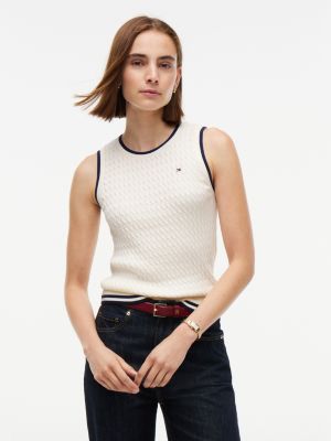 Tipped Cable Knit Sweater Vest, Rich Cream