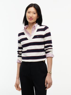 Lightweight Striped V-Neck Sweater, Cream