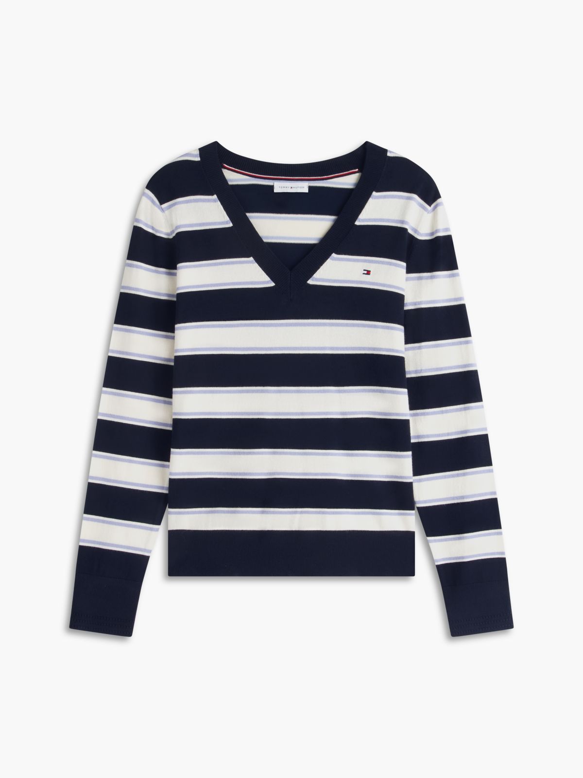 Lightweight Striped V-Neck Sweater — Navy Blue