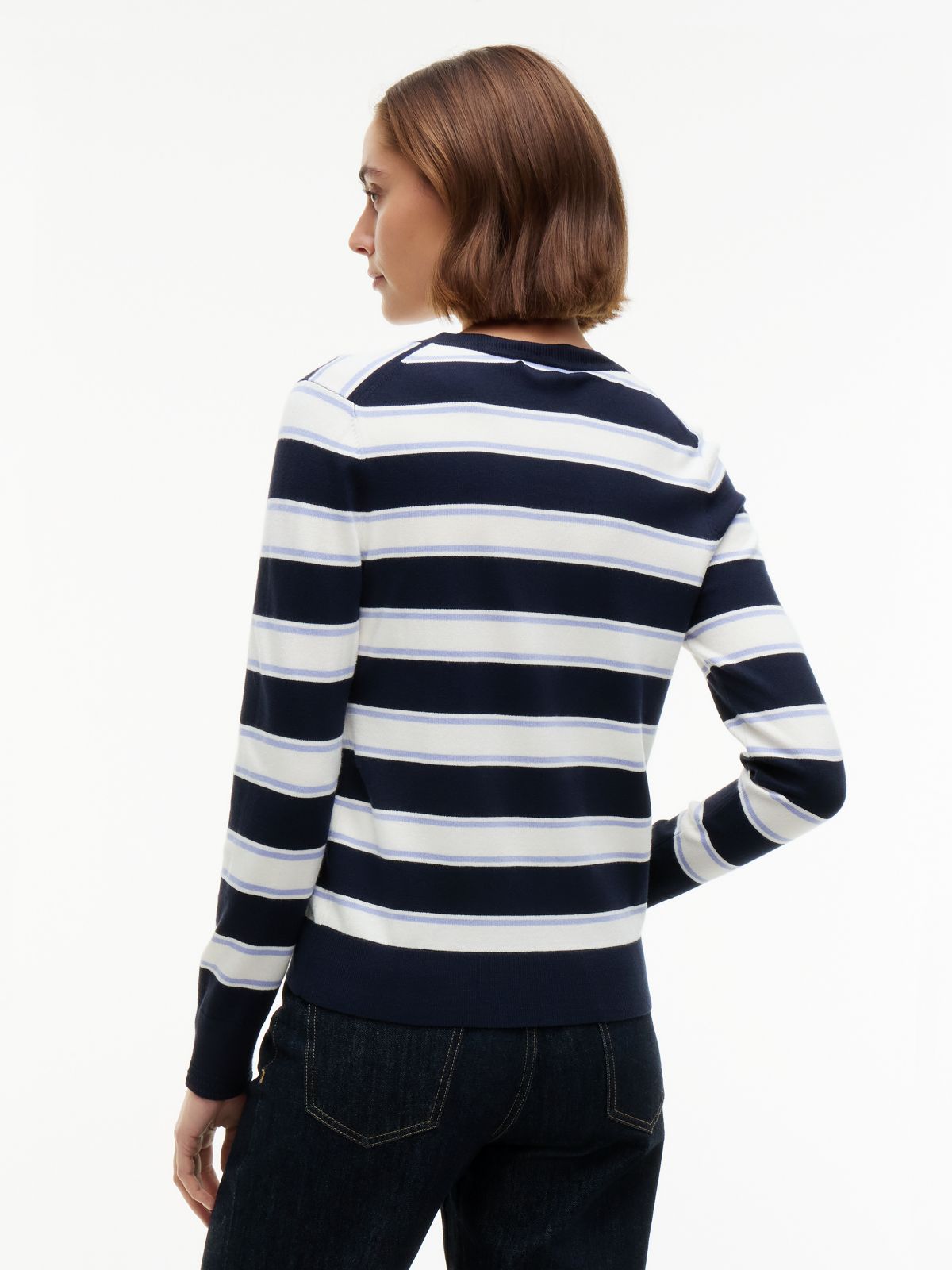 Lightweight Striped V-Neck Sweater — Navy Blue