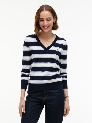 Lightweight Striped V-Neck Sweater, Navy Blue