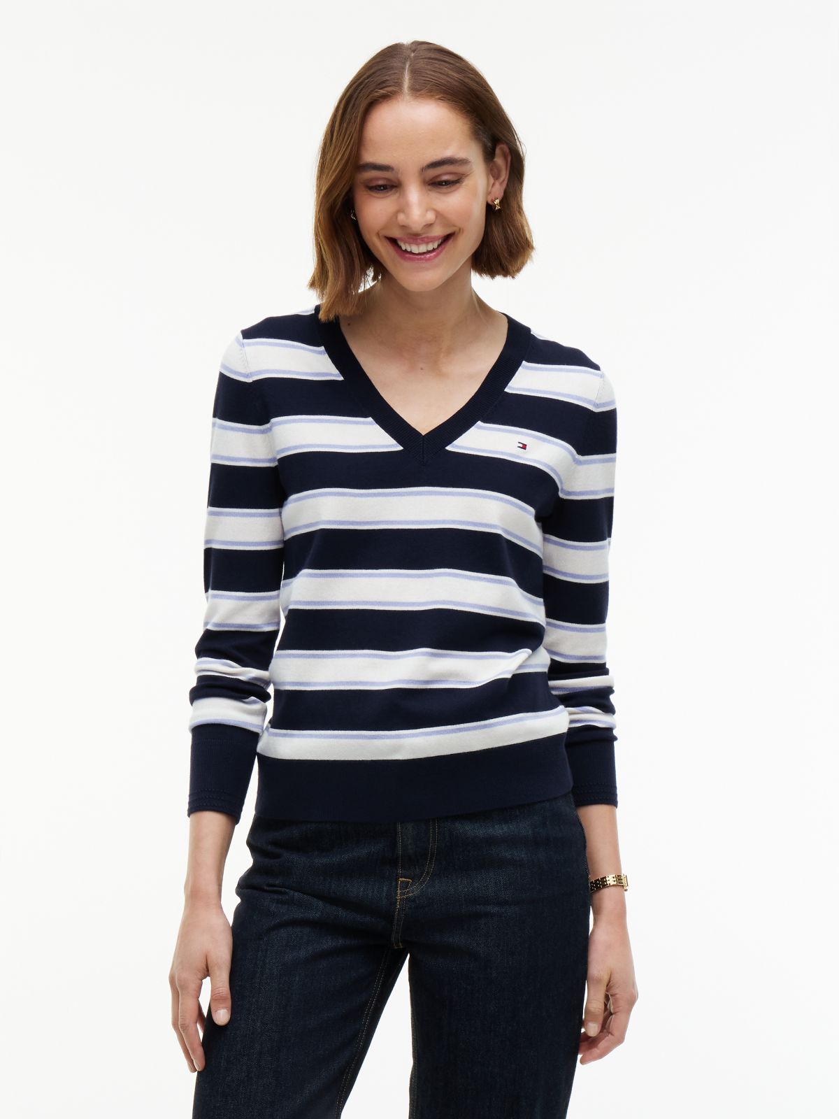 Lightweight Striped V-Neck Sweater — Navy Blue