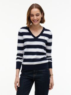 Lightweight Striped V-Neck Sweater — Navy Blue 1