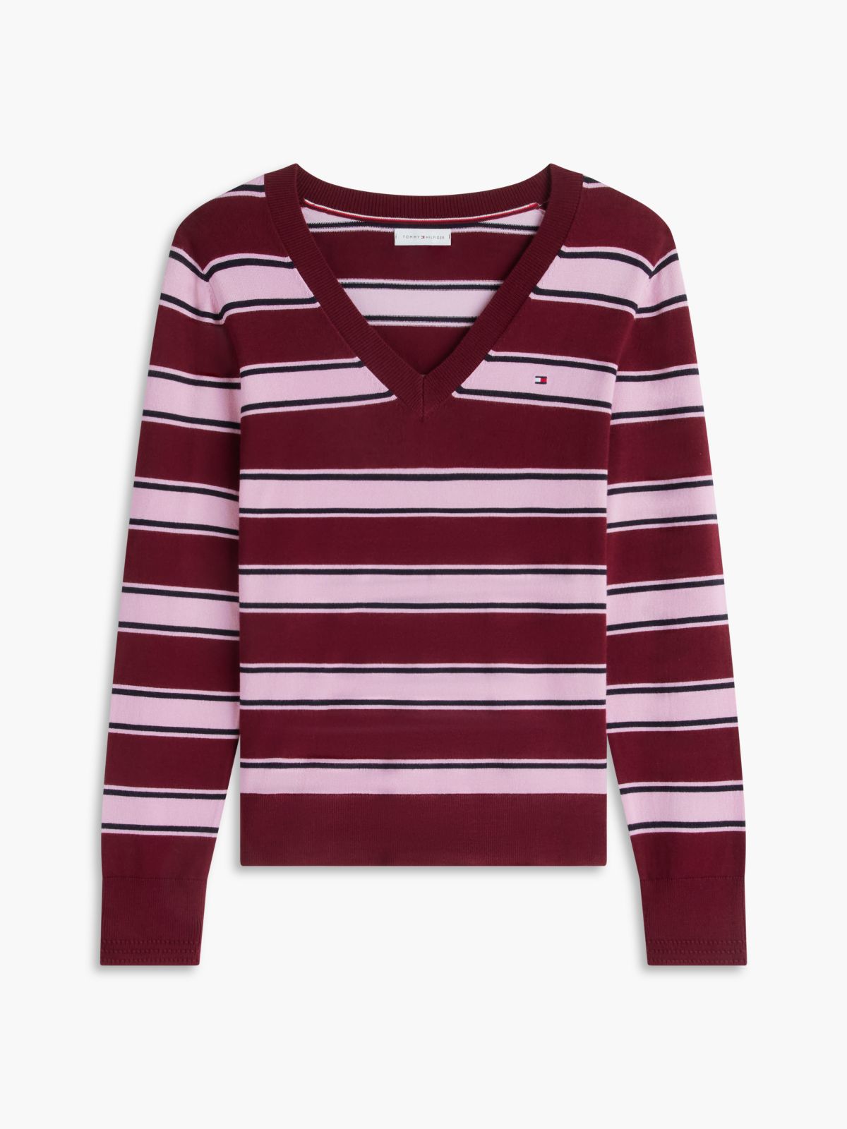 Lightweight Striped V-Neck Sweater — Burgundy