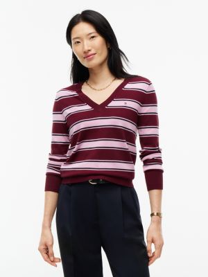 Lightweight Striped V-Neck Sweater, Burgundy
