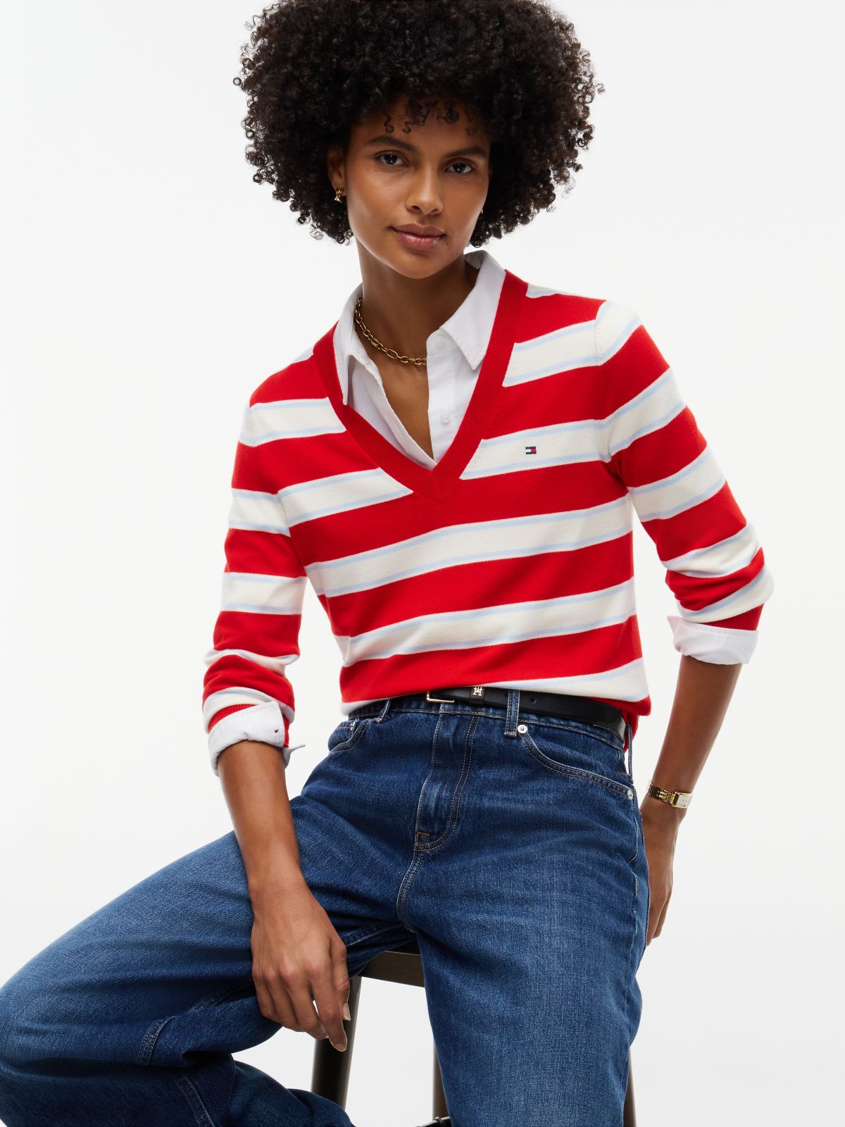 Lightweight Striped V-Neck Sweater — Red Stripe