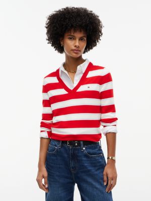Lightweight Striped V-Neck Sweater, Red Stripe