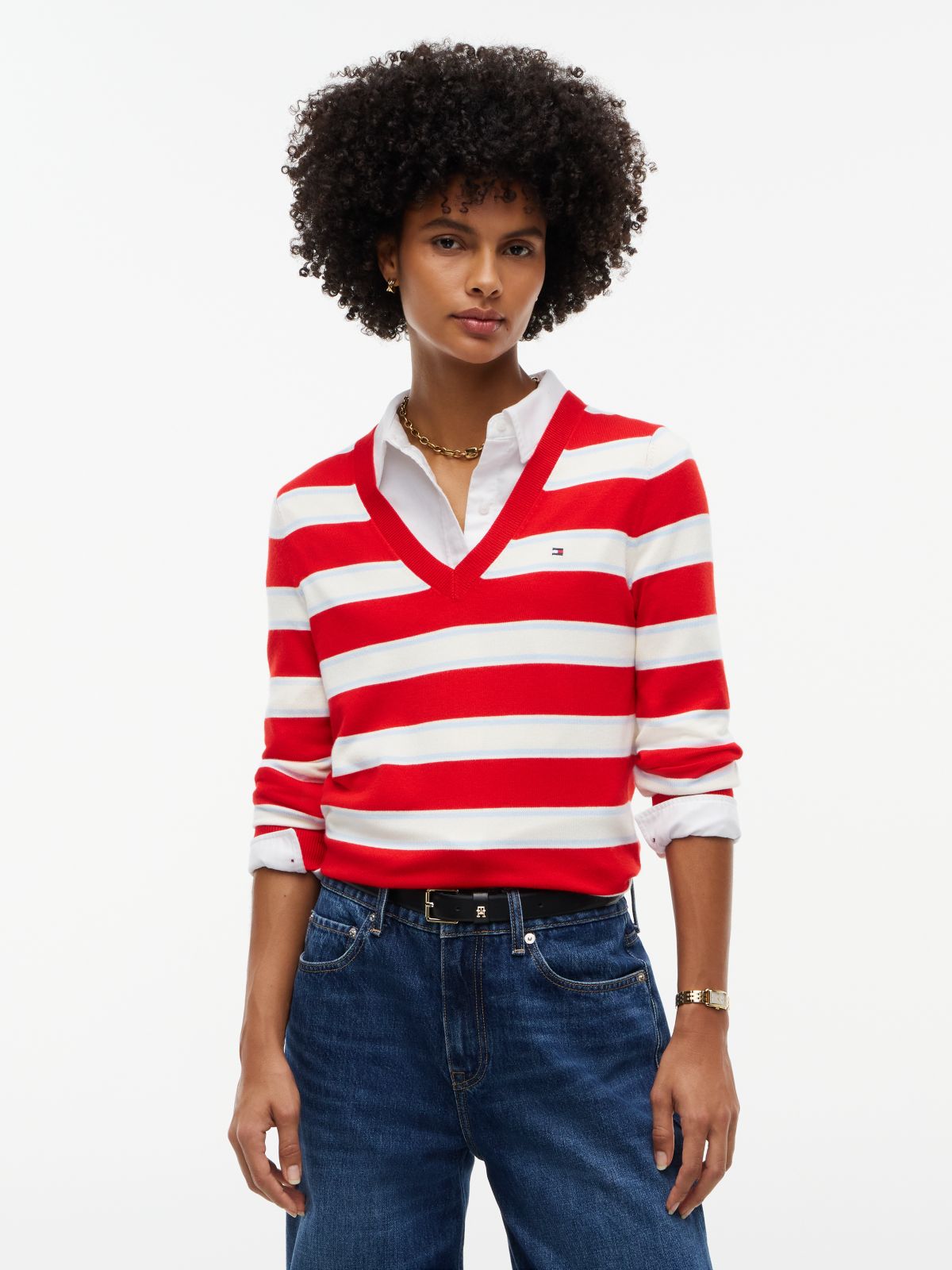 Lightweight Striped V-Neck Sweater — Red Stripe