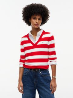 Lightweight Striped V-Neck Sweater — Red Stripe 1