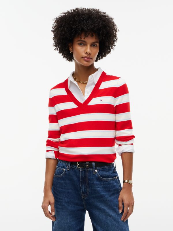 Lightweight Striped V-Neck Sweater — Red Stripe