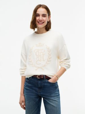 Intarsia Laurel Leaf Logo Sweater, Cream