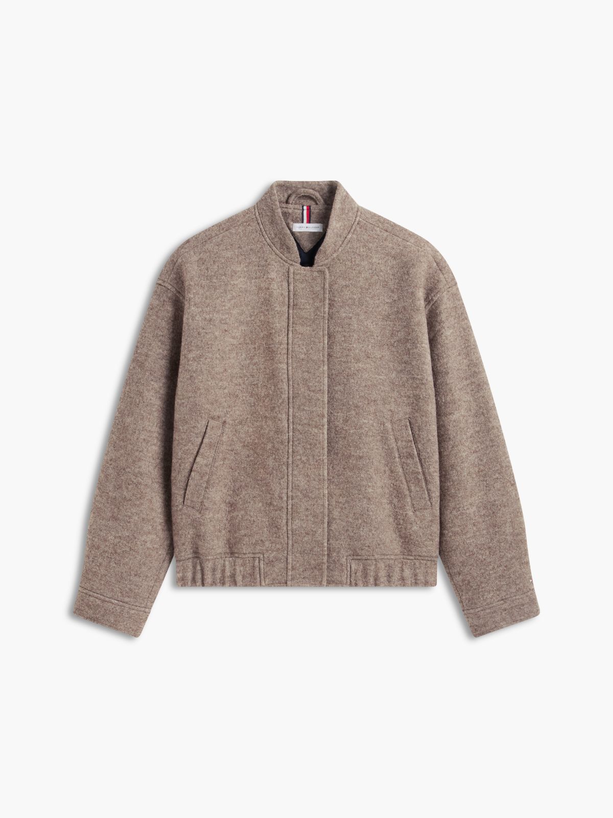 Heathered Wool-Blend Bomber Jacket — Taupe Melange