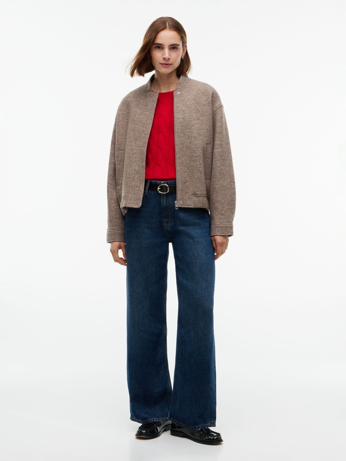 Heathered Wool-Blend Bomber Jacket — Taupe Melange