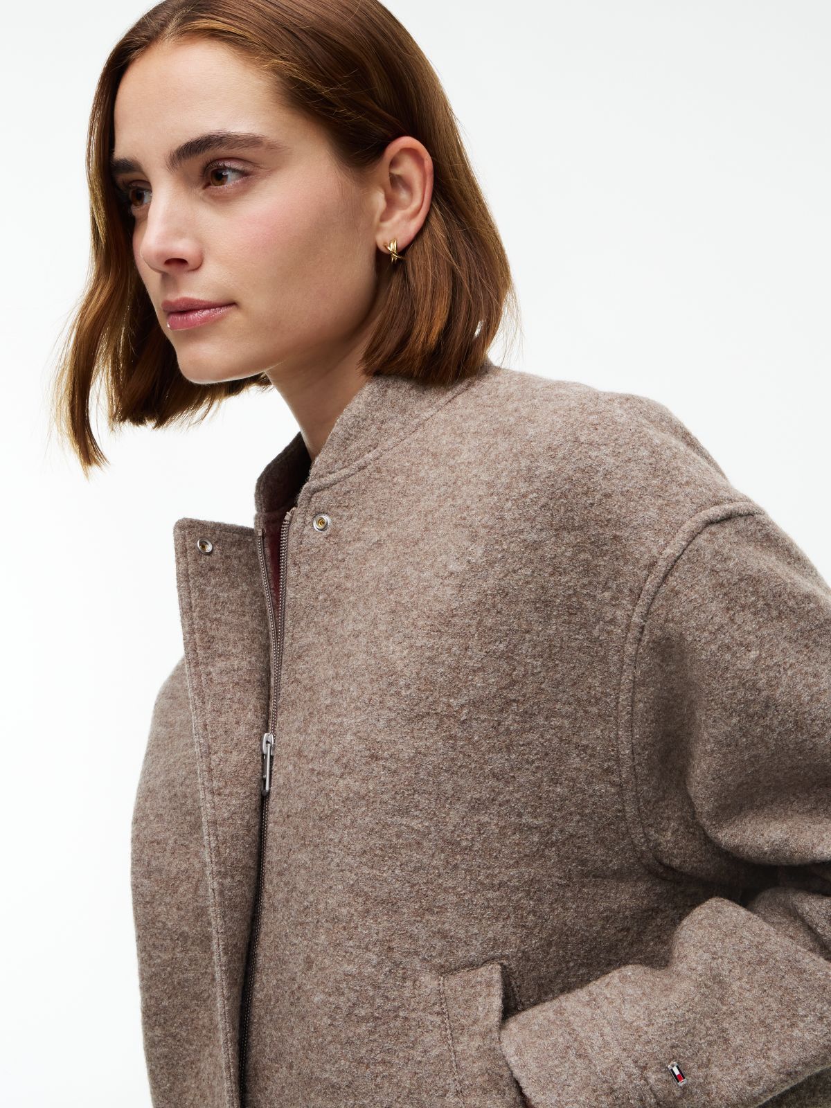 Heathered Wool-Blend Bomber Jacket — Taupe Melange