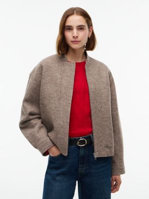 Heathered Wool-Blend Bomber Jacket, Taupe Melange