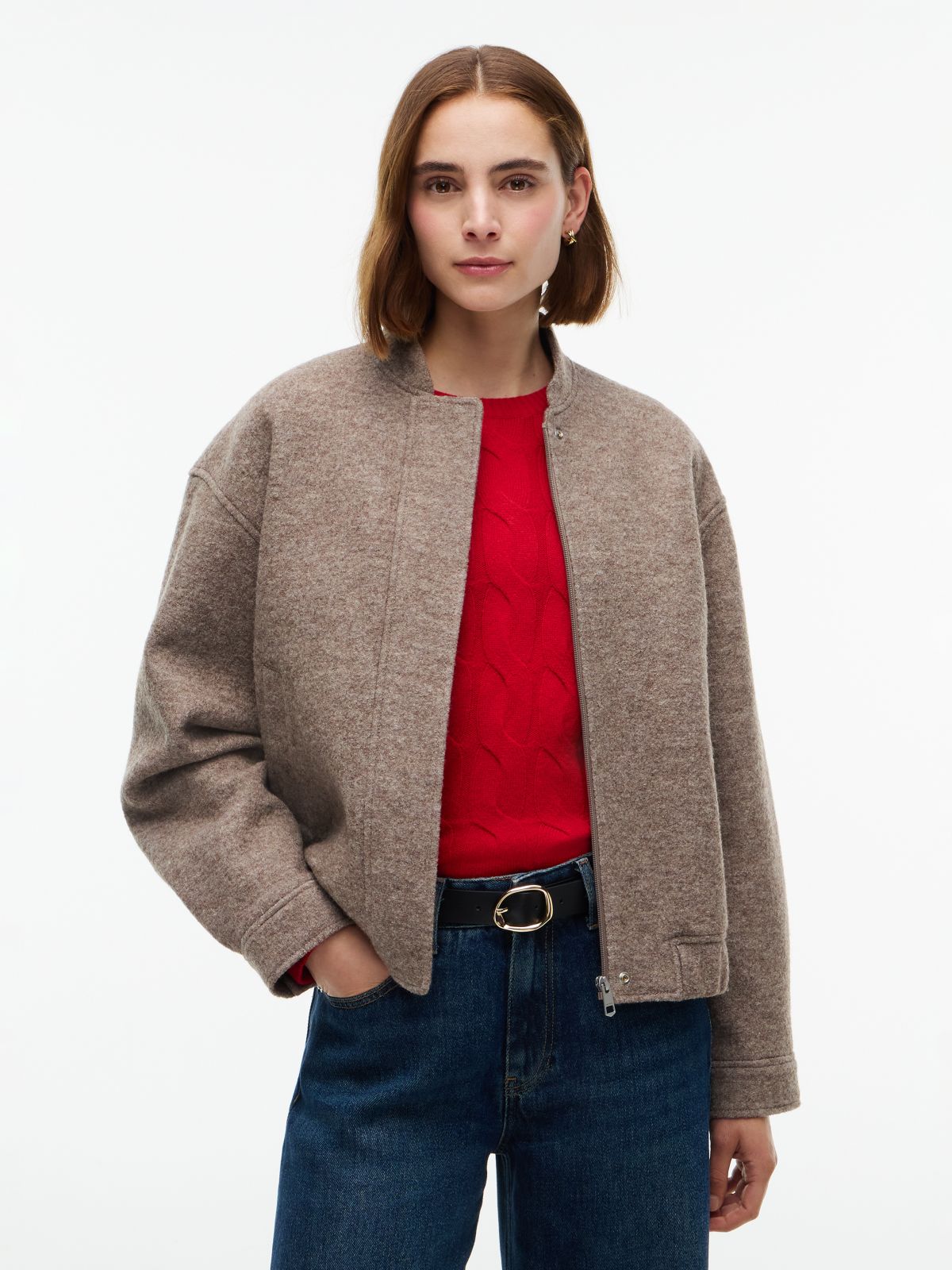 Heathered Wool-Blend Bomber Jacket — Taupe Melange