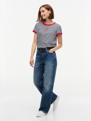 Женская футболка Tommy Hilfiger Script Monogram Striped Ringer, цвет: Карбоновый тёмно-синий — фото 2